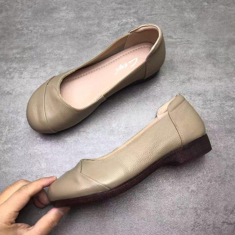 Wasteland wind soft leather beef tendon soft sole single shoes women's autumn flat bottom comfortable shallow mouth leather shoes popular flat heel mo