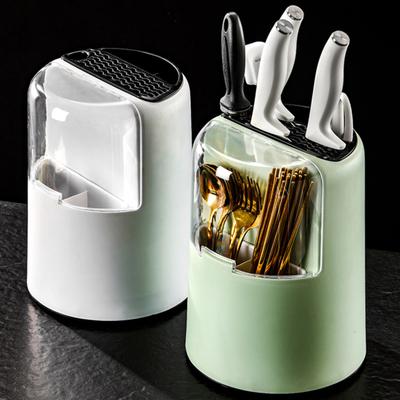 Multifunctional Cutter Holder 360 Degree Rotatable Dustproof Cover Kitchen Countertop Cutter Block Chopsticks Spoons Utensils Storage Rack