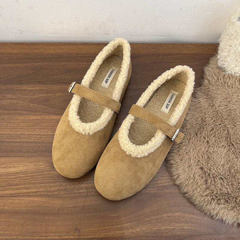 Leopard Fur Lining Women Flats Shoes Concise Round Toe Shallow Shoes Comfort Warm Cotton Outdoor Shoes For Autumn Winter