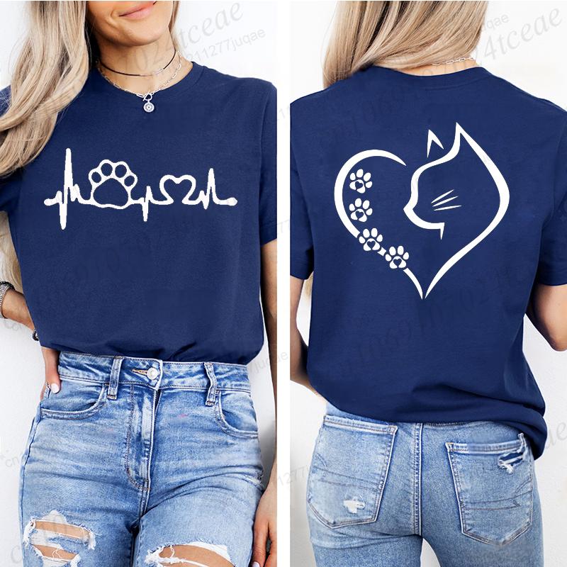 Cat Heart Women Print Tshirt Girl Short Sleeve Crew Neck TShirts Casual Top for Summer  Spring Cat Lover Womens Clothing
