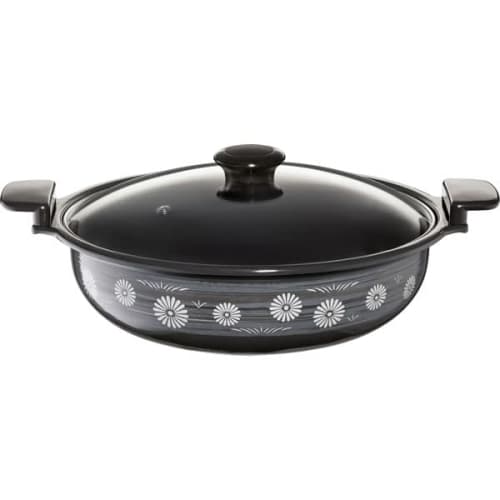 Takagi Metal HA-M30N, a 30cm tabletop pot with a savory earthenware-style finish, easy to clean and enamel finish, suitable for induction cooking.