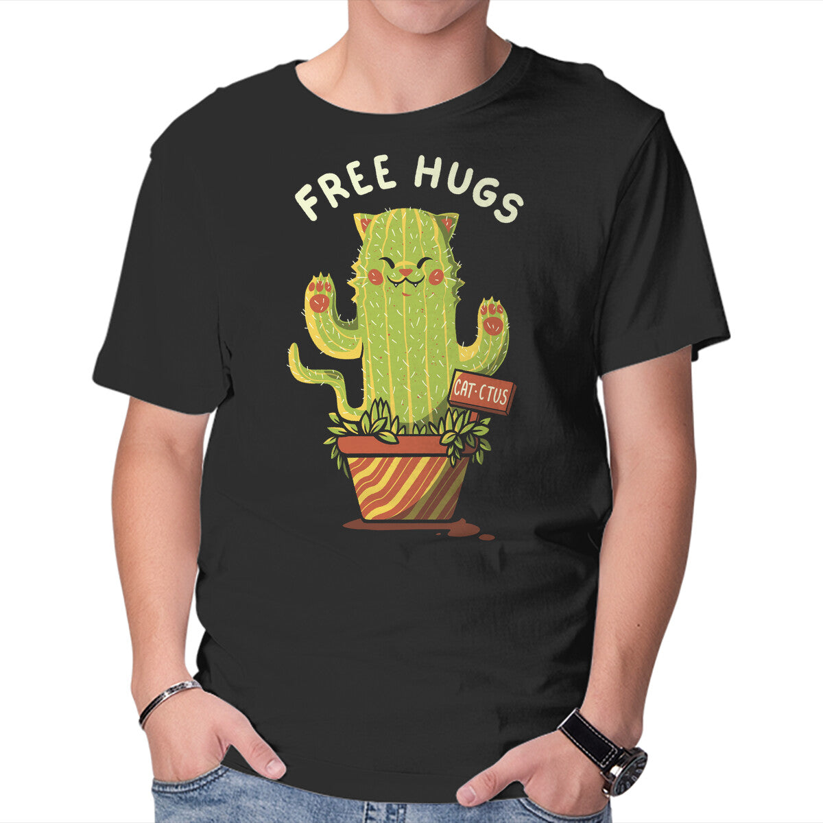 Unisex Crew Neck T-Shirt Catctus Free Hugs Graphic Short Sleeve Casual Tee L