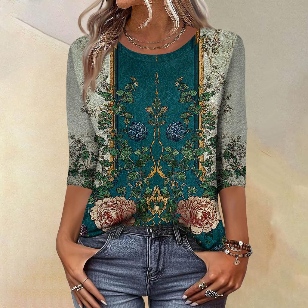 Trendy Vintage 3/4 Sleeve Top For Women,Ladies Casual Three Quarter Sleeve Round Collar Printed T-Shirt Blouse
