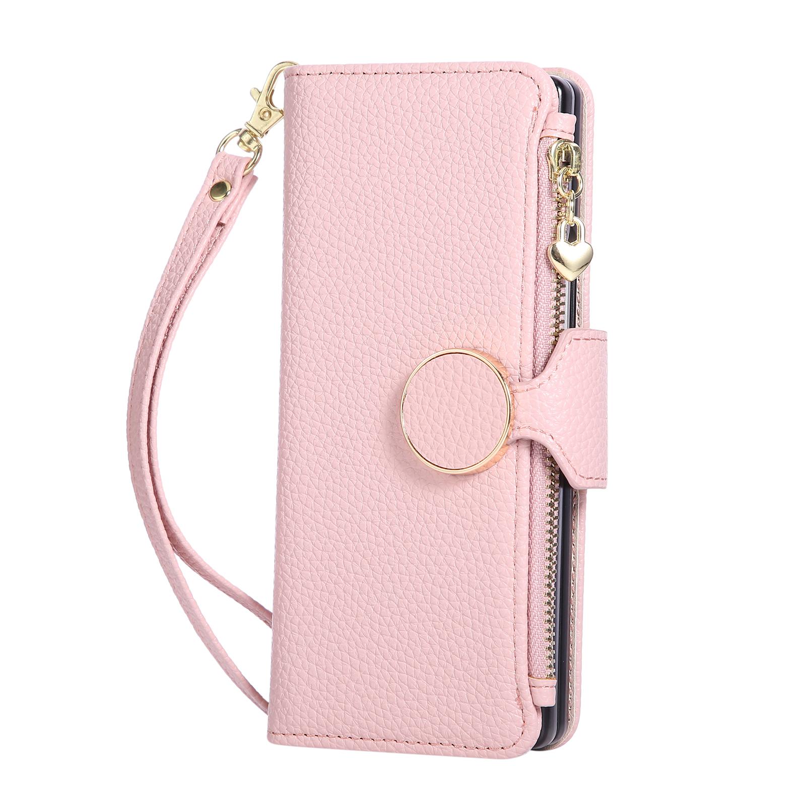 

Phone Case for Samsung Galaxy Z Fold 7 Fold6 5 4 3 Circular Buckle/zipper/Lanyard Plain Leather Card Holder Wallet Soft Cover Galaxy Z Fold3 5G розовый