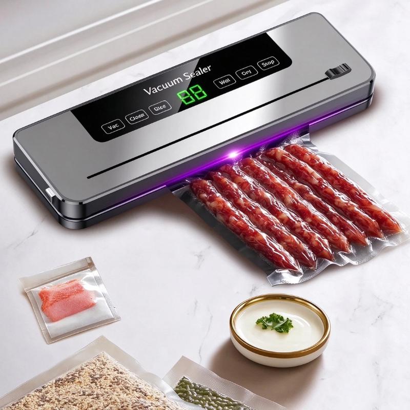 1Set Kitchen Food Storage Seal Electric Vacuum Sealer Built-In Cutter Touch Button Dry/Wet Food Sealing Vacuum Packaging Machine