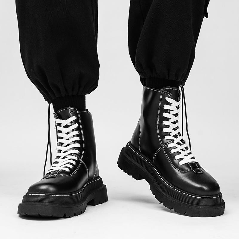 Fashion Men's High-Top Leather Boots Thick Bottom Fleece-Lined 2024 Autumn Winter New Men's Boots Breathable Non-Slip Men's Boots