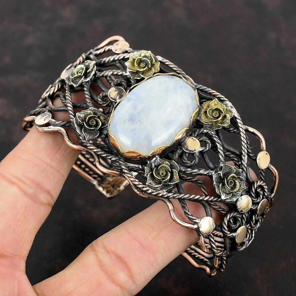 Rainbow Moonstone Cuff Bracelet Copper Wire Wrapped Bangle Gemstone Copper Jewelry Adjustable Bangle Handmade Designer Bangle Gift For Women