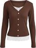 2025 Versatile V-neck Button Ribbed Lace Patchwork Long Sleeve Women's Top