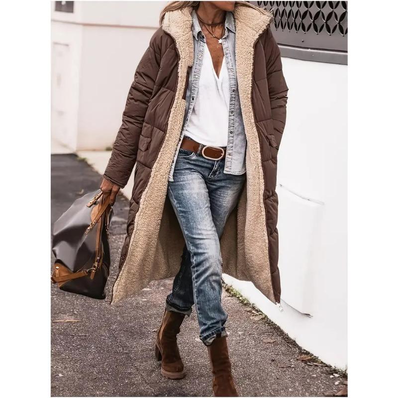 Women's medium and long coat, thickened and warm, loose hooded, women wearing cotton-padded clothes on both sides