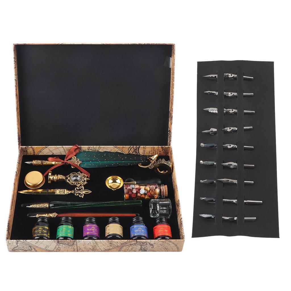 Feather Pen Set European Style British Retro Lacquer Stamp Dipped In Water Quill Pen Set with InkDark Green
