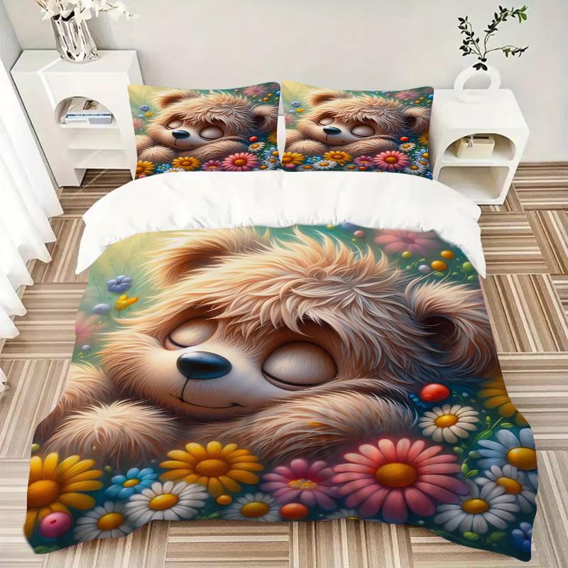 3pcs Anime Cartoon Teddy Bear Bedding Set - Includes One Quilt Cover and Two Pillowcases (No Core) - Home Decor, Festival Gift, Polyester Fa