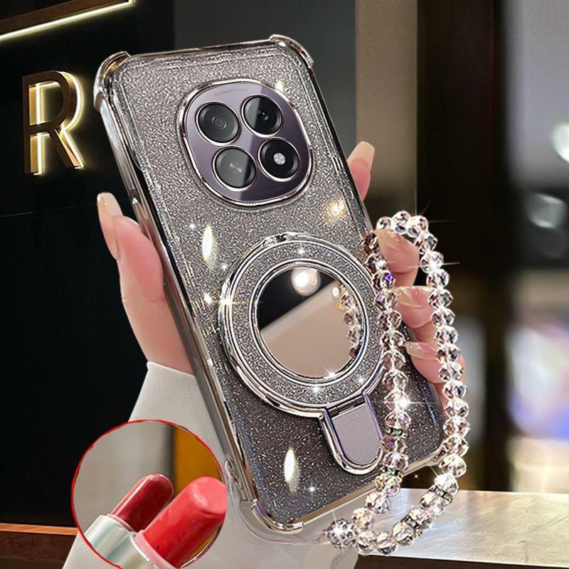Glitter Mirror Holder Bracelet Phone Case For Xiaomi Redmi Note 14 Pro 13 14 Pro Plus 14S 4G 5G Silicone Shockproof Back Cover