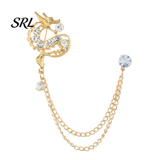 Rhinestone Dragon Pin Suit Brooch for Men & Women, Auspicious Collar with Double-Layer Chain Inlaid, Shirt Badge Formal Wear Business Banquet