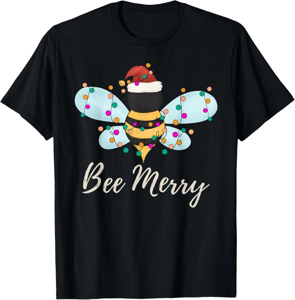 Bee Merry Christmas Bee Wears Santa Hat Xmas lights T- Shirt