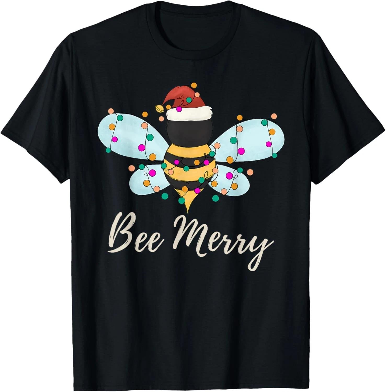 Bee Merry Christmas Bee Wears Santa Hat Xmas lights T- Shirt S