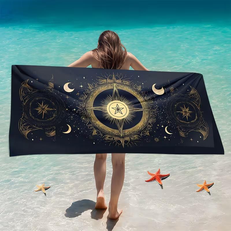 Textilien Black/Gold Mystical Moon Star Print Beach Towel Astrology Compass Pattern Quick Dry Soft Absorbent Sand Free Towel For Summer