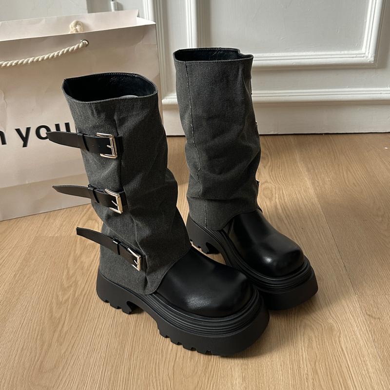 Fashion Winter Fashion Platform Heels Women Knight Boots Fashion Belt Buckle Slip On Shoes Ladies Elegant Mid Calf Booties