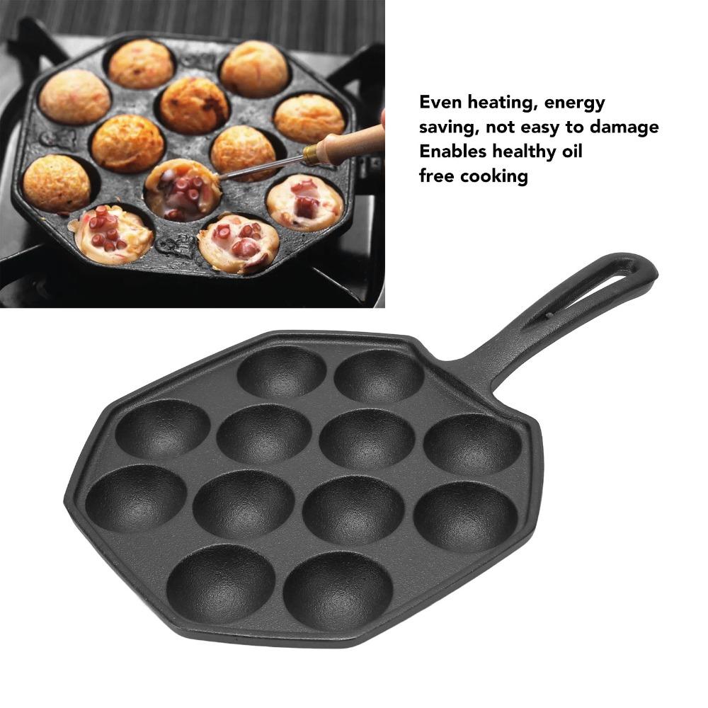 Cast Iron Egg Puff Frying Pan Non-Stick Even Heat Distribution Takoyaki Pan Heat-Resistant Handle 12 Hole Octopus Meatball Grill