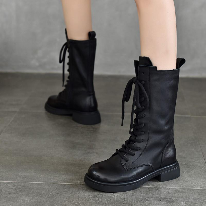 Johnature Genuine Leather Mid-calf Boots Plush Cotton Boots British Style Lace Up Women's Boots