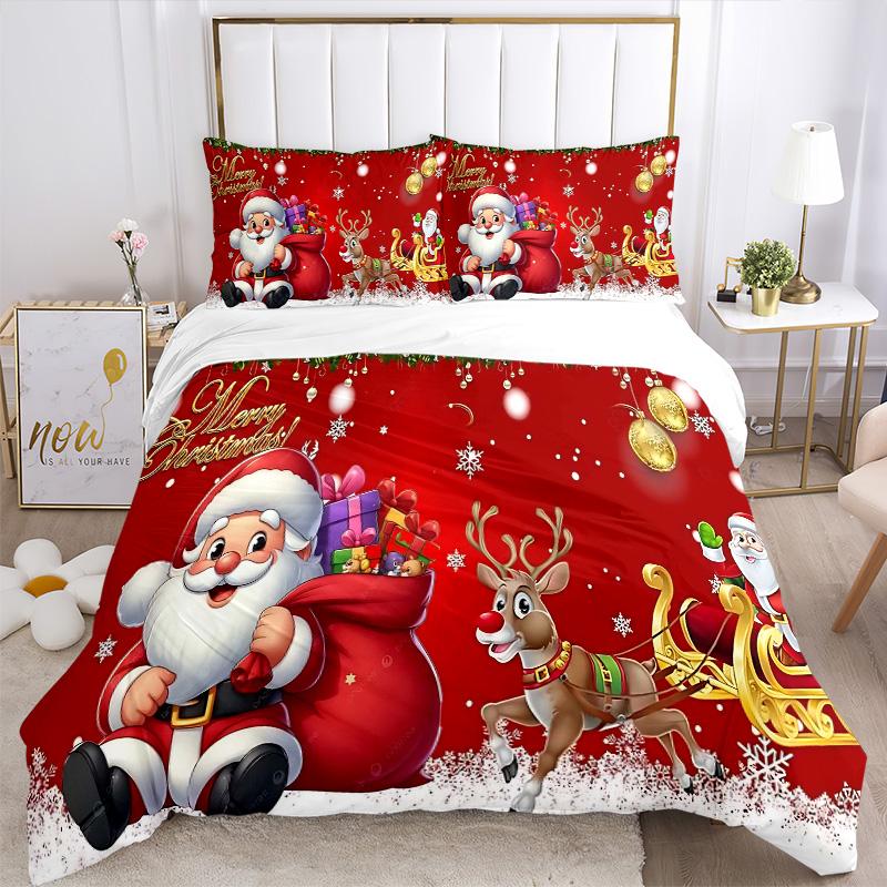 Christmas Santa Claus Reindeer Print 3Pcs Bedding Setduvet Cover With 2 Bedropillowcase Home Birthday Gift