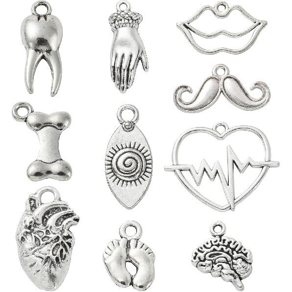 Ornazy 100pcs 10 Styles Tibetan Body Part Charms: Heart, Footprint, Lip, Brain - Antique Silver Human Body Charms for Jewelry Making