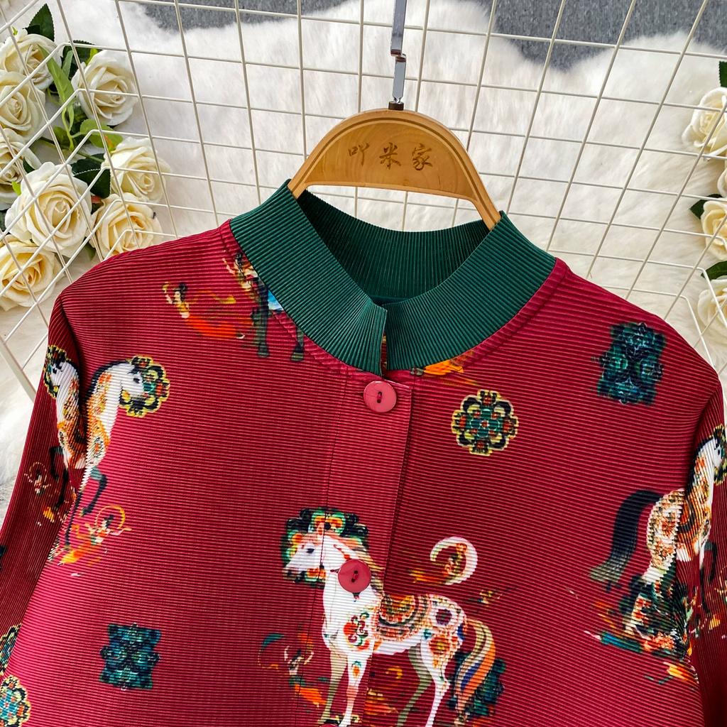 Skládané šaty s květinovým potiskem Letní Podzimní Jednorázové Zapínání Oversize Pásek Elegantní Streetwear Svetr Dámské Oblečení