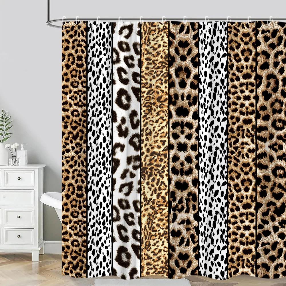 Leopard Textured Shower Curtain, Vintage Striped Brown Floral Creative Geometric Modern Plants Polyester Bathroom Decor Curtain