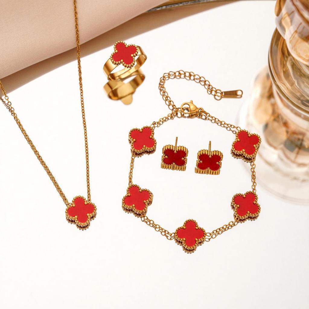 4PCS Titanium Steel Non Fading Clover Set Necklace Bracelet Ring Earrings Women's Fashion Clover Four Piece Set