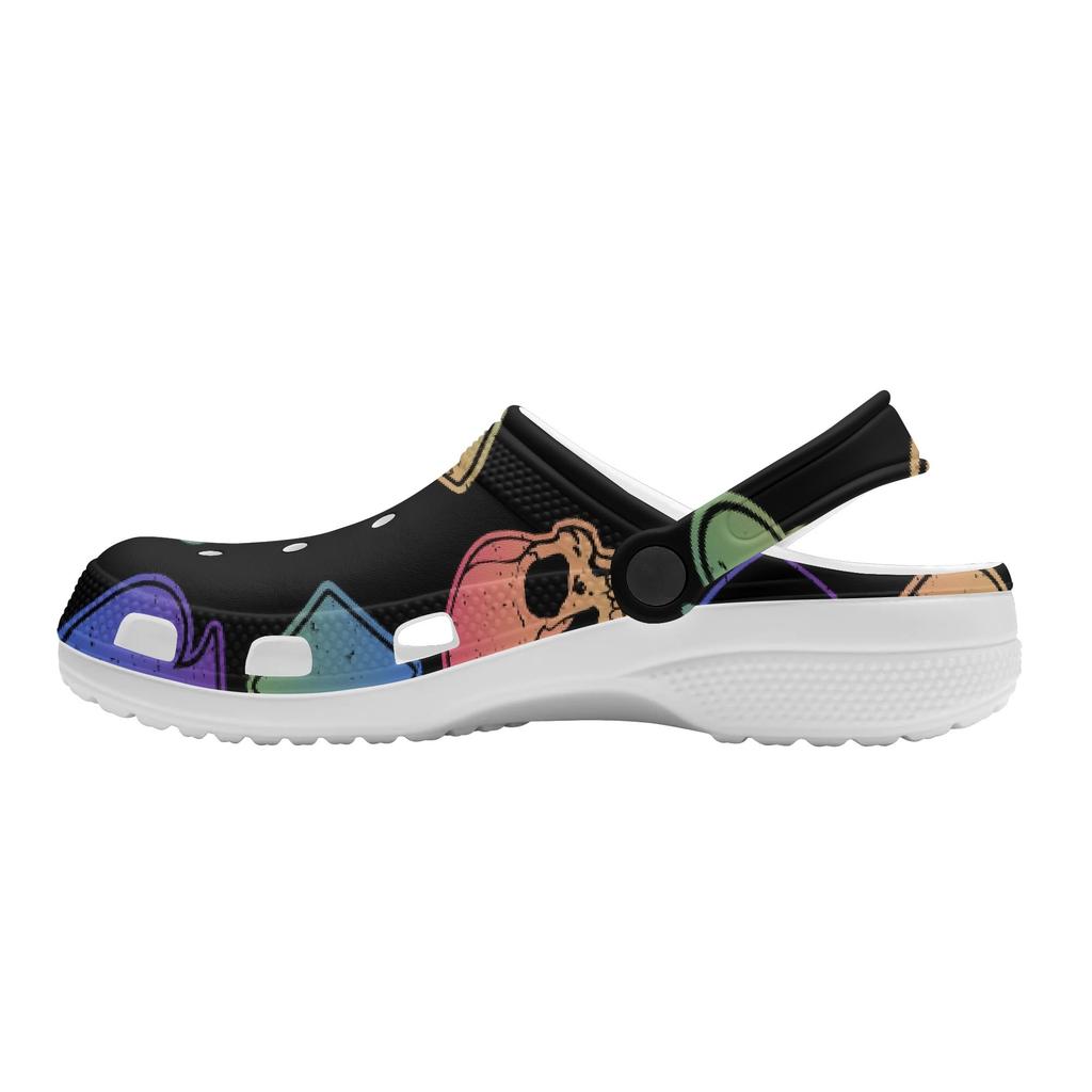 White EVA Clogs with Neon Heart Print, Lightweight Slip On Garden Shoes, Breathable Beach Sandals, Indoor Outdoor Slippers for Men Women