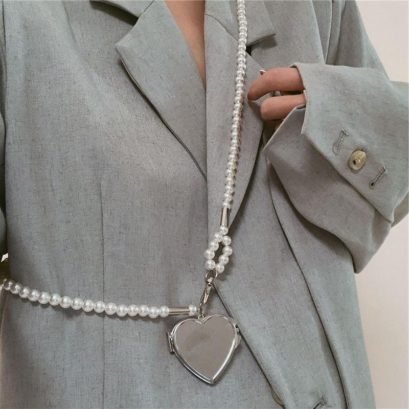 1pc Personality Long Necklace with Big Mirror Heart Pendant Women Pearl Shoudler Chain Jewelry Fashion