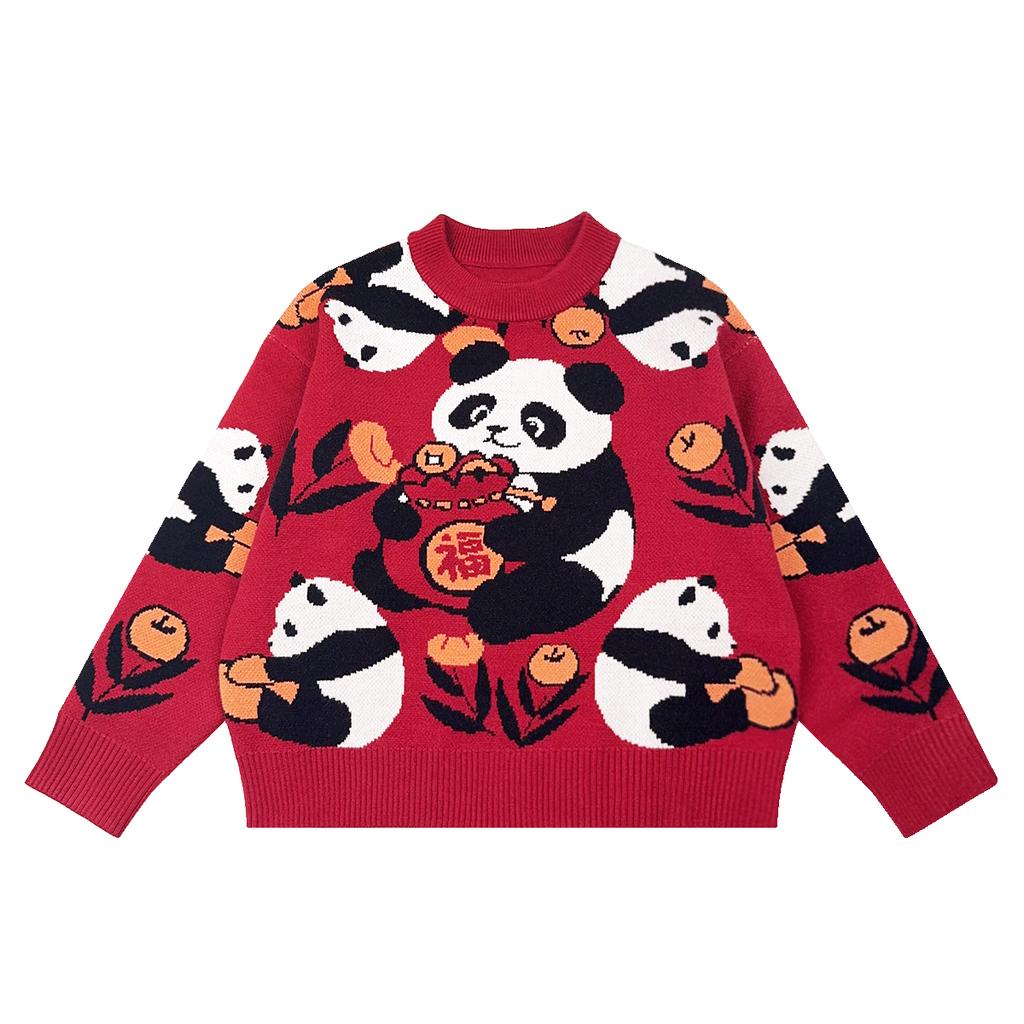 Children's New Year's Red Sweater with Panda Pattern