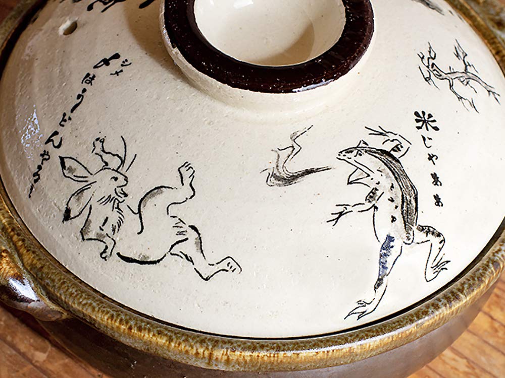 Saji Pottery Banko Ware Clay Pot, Size 6, Choju-giga (Scrolls of Frolicking Animals) Design, Made in Japan, 24-801, White, 900ml