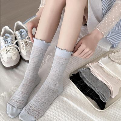 Ballet-Style Lace Mid-Calf Cotton Socks for Women - Trendy Korean/Japanese Design, Hollow Breathable, Perfect for Spring and Autumn