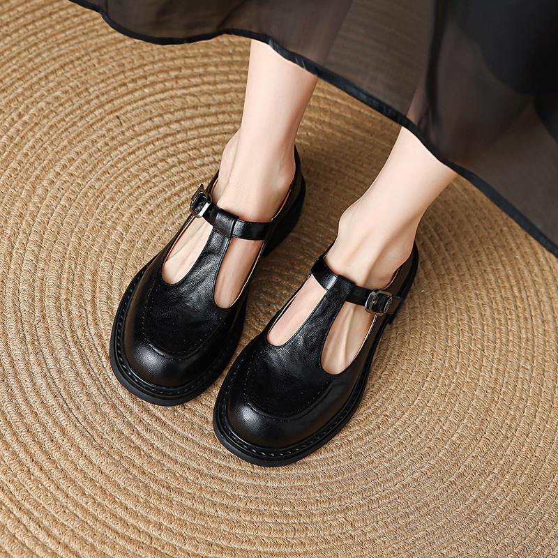 Krazing Pot Sheepskin Round Toe Size 42 Thick Med Heels Slip on Platform Gladiator Metal Buckle Autumn Pumps