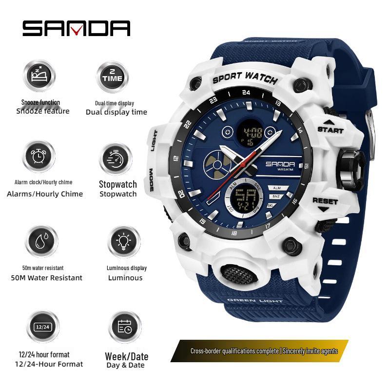 Sanda Dual Display Sports Wristwatch, 3D Multifunctional Snooze, Waterproof Outdoor Mountaineering Watch