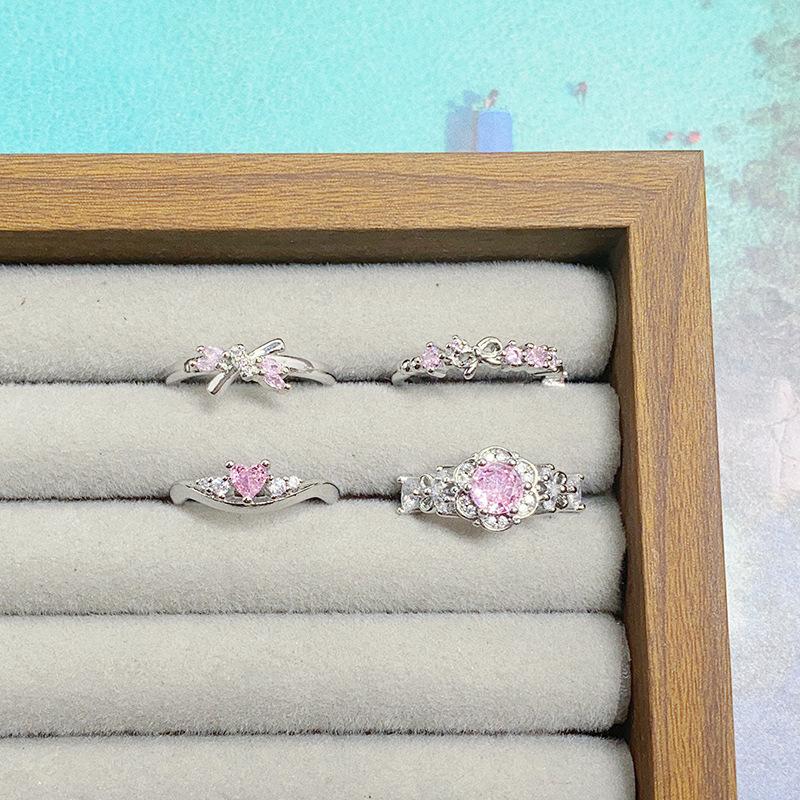 Sweet Pink Zircon Super Fairy Open Ring Bow Exquisite Niche Light Luxury High-End Ring Woman