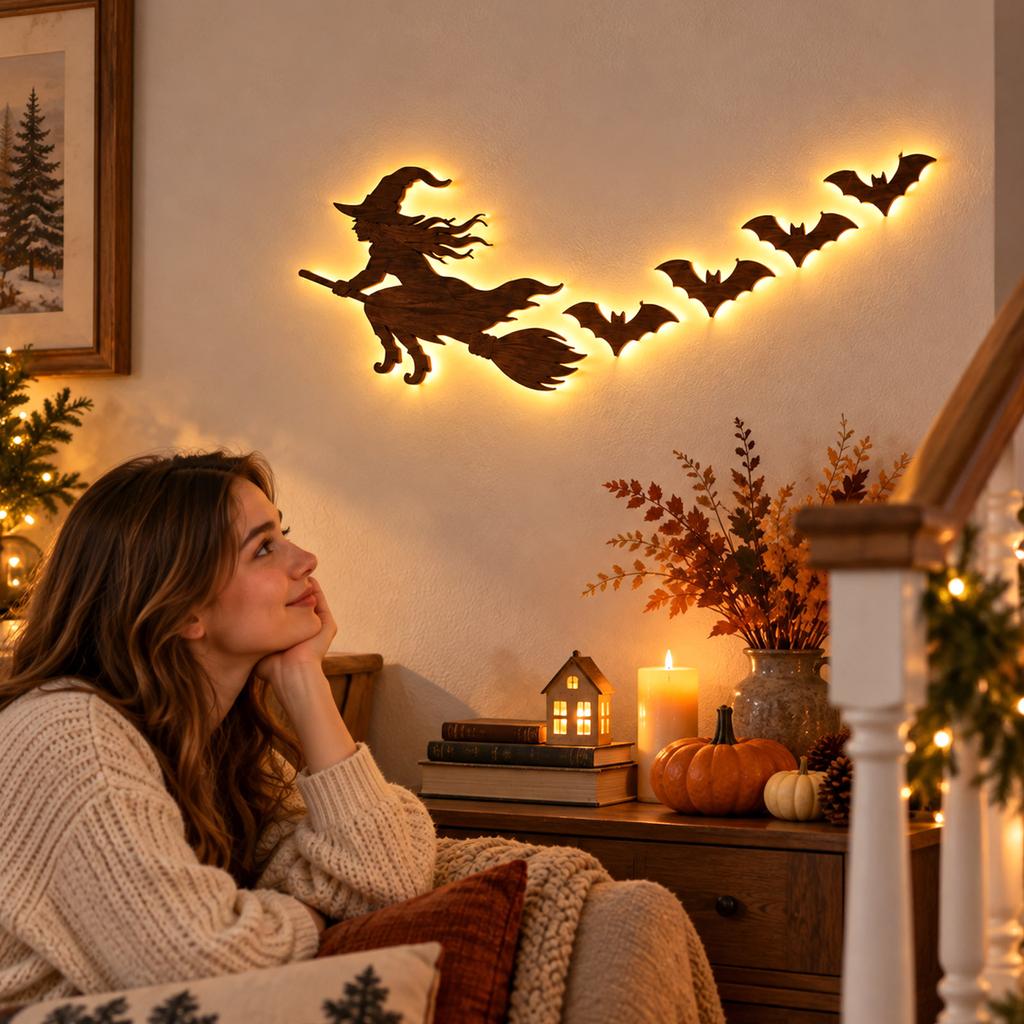 Halloween Glowing Wall Decor Set with Flying Witch and Bats, 5 for Holiday Decor
