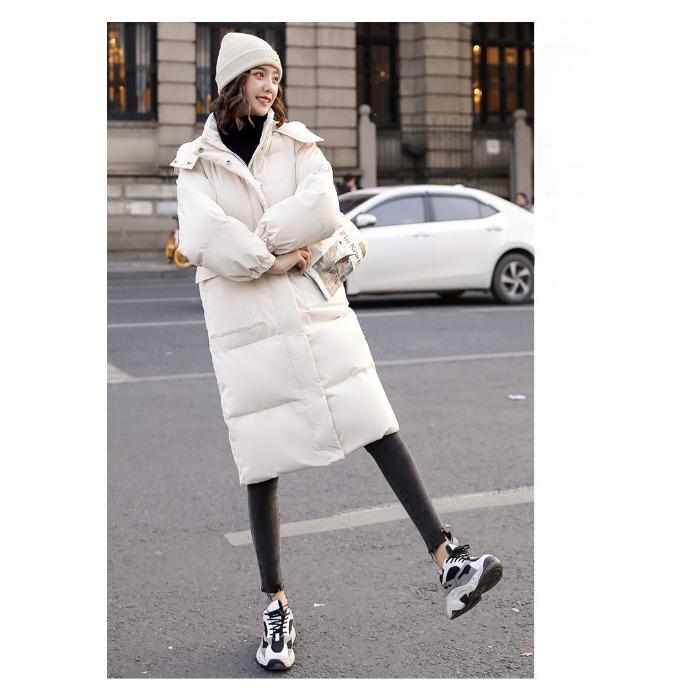 Løs vinterfrakk i dunbomull i koreansk stil for kvinner, mellomlang, tykk hettejakke