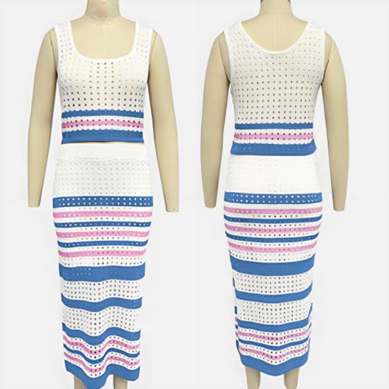 Two Piece Skirt Set for Women Striped Bodycon Slit Midi Skirt And Sleeveless Crop