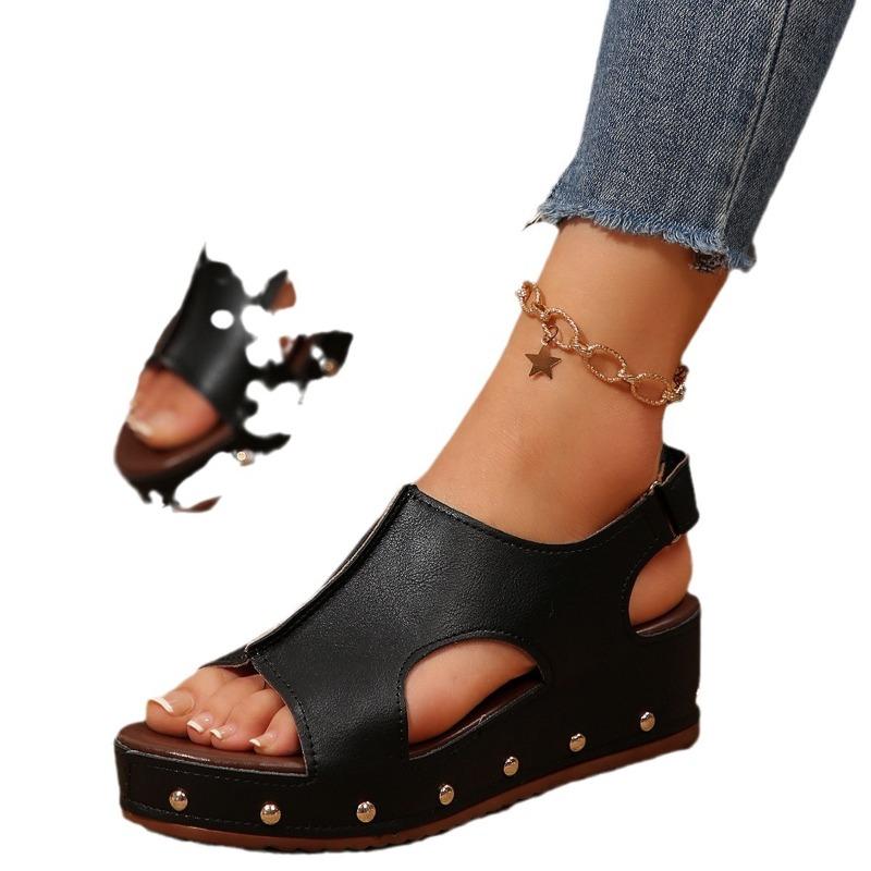 Women's Platform Wedge Sandals, Studded Open Toe Summer Shoes with Velcro Strap, Plus Size Fashion Footwear