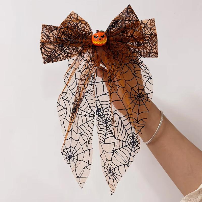 10 Styles Pumpkin Headed Spider Web Bow Tie Mesh Headband Hair Clip Spring Clip , Suitable For Halloween Parties And Dances