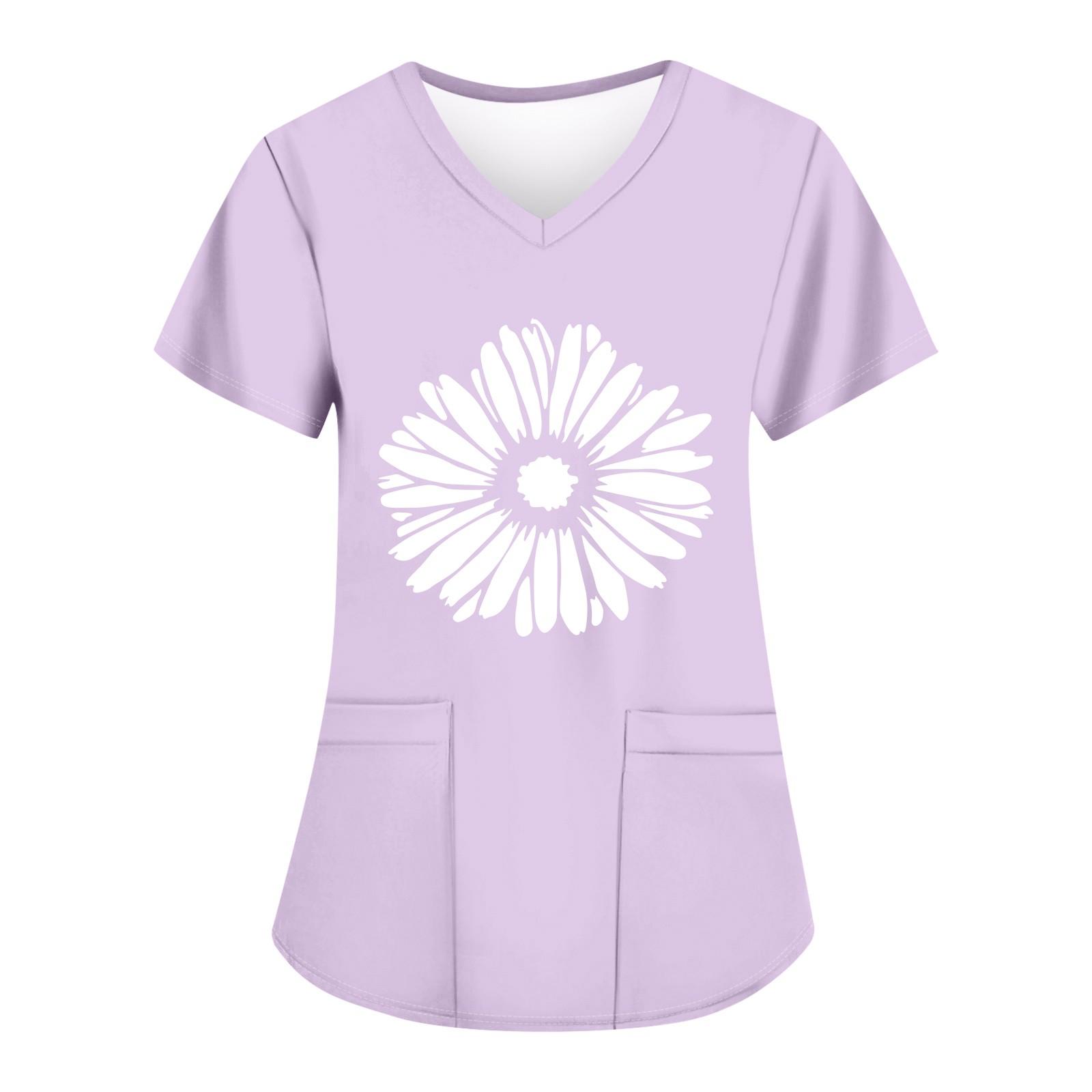 

Женские модные топы с короткими рукавами и V-образным вырезом с принтом, рабочие футболки с карманами XXXL фиолетовый