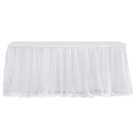 Tulle Table Skirt for Rectangular Tables White Pleated Table Cloth 6Ft/9Ft Wrinkle Free Tablecloth with Tutu Skirt Party Banquet Cake Table Decoration