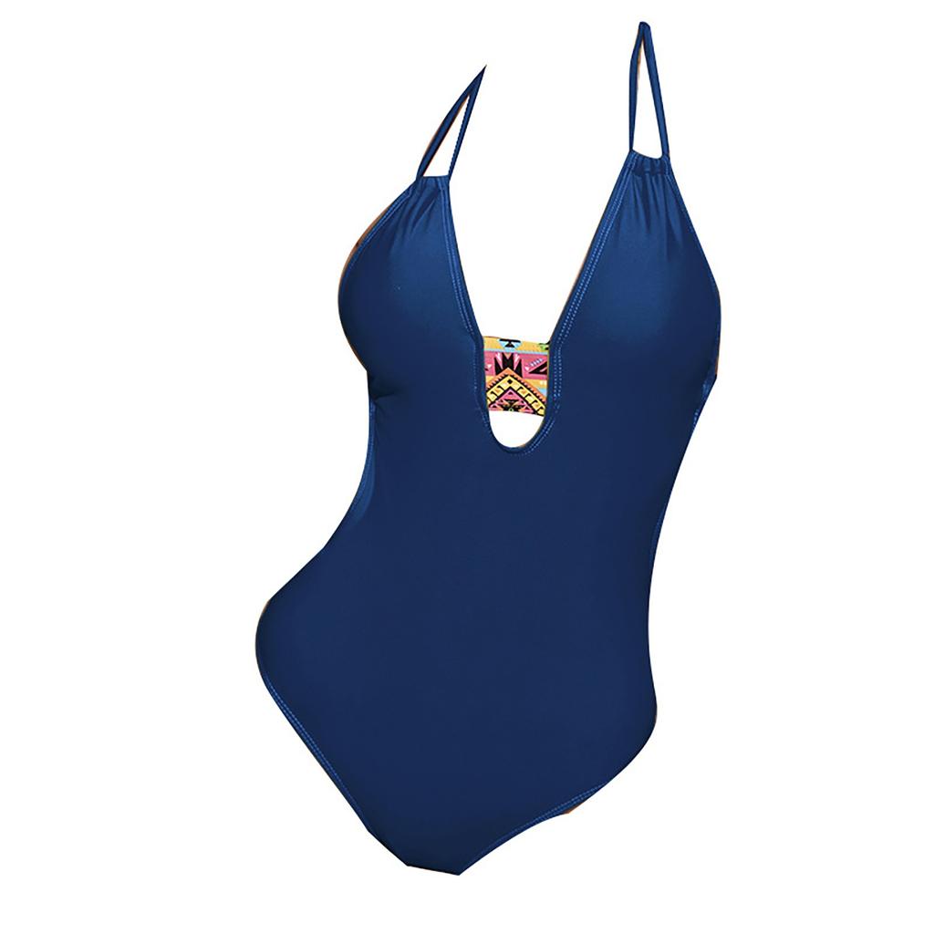 Women's One Piece Halter Neck Cut Out Backless Strappy Swimsuit Tribal Print Detail Monokini Beachwear Swimwear
