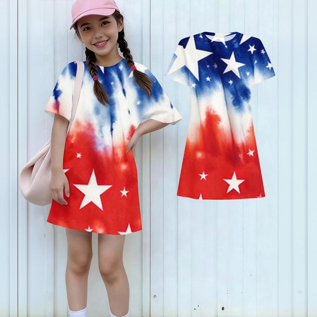 Girls Independence Day Print Casual Dress Kids Loose Round Neck Short Sleeve Thin Sundress