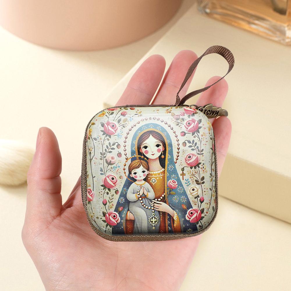Vintage Christian Square Rosary Box with Zipper Religious Artwork,Lightweight Metal Organizer for Prayer Bead,Inspirational Gift