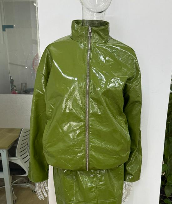 Ensemble Veste Col Montant en Cuir PU et Jupe Mi-longue pour Femmes Automne/Hiver 2025 - Bestseller Couleur Unie