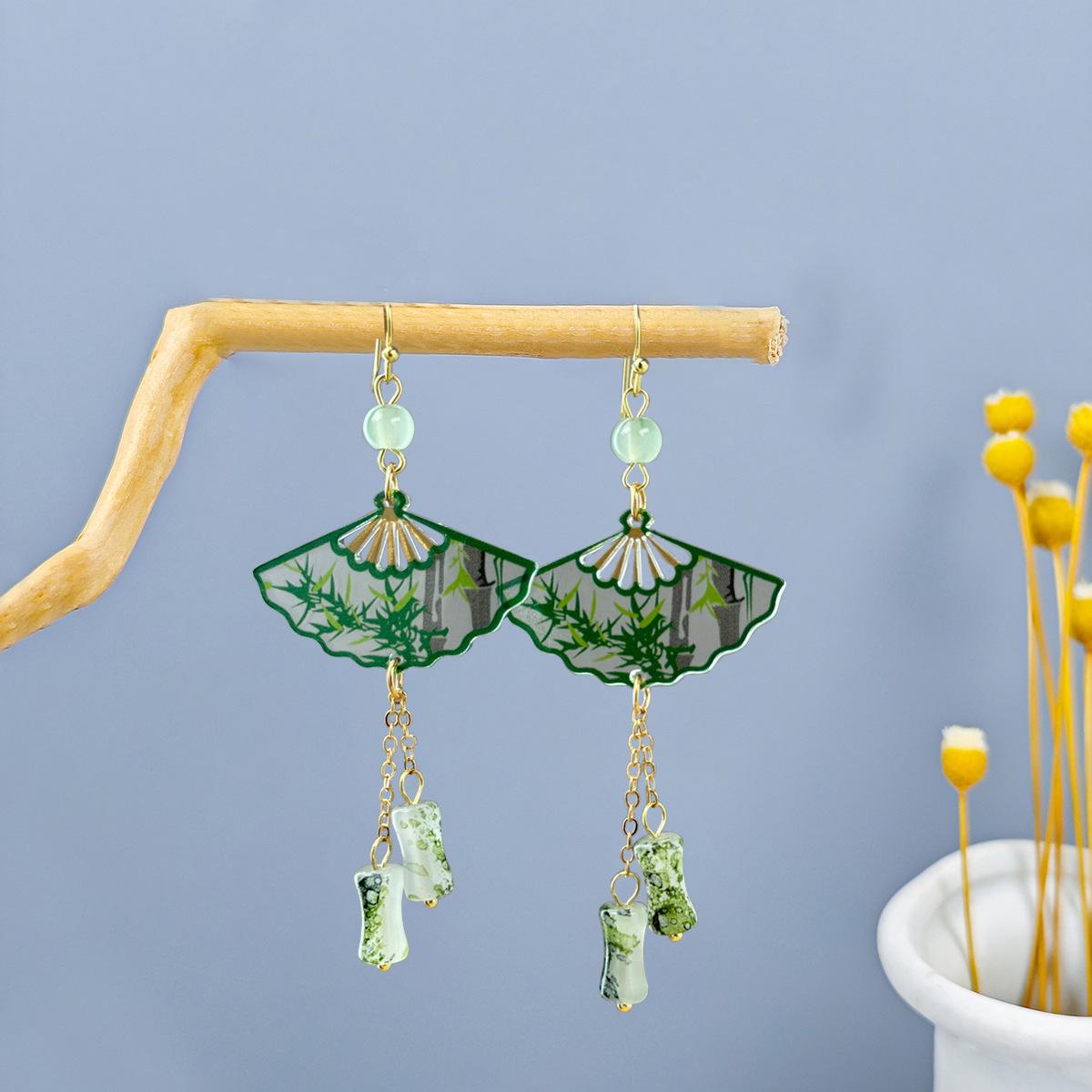 Retro Chinese Bamboo Tassel Earrings: Hanfu-Inspired Transparent Fan Design for Women