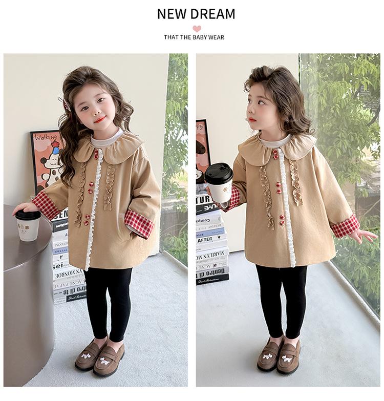 Mädchen karierter mittellanger Trenchcoat mit Peter-Pan-Kragen - 2025 Frühling & Herbst Mode Oberbekleidung