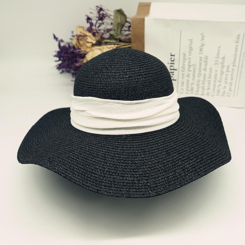 Hepburn Elegant Black Vintage French Wave Big Brim Straw Hat Women'S Sunscreen Shade Resort Beach Sun Hat